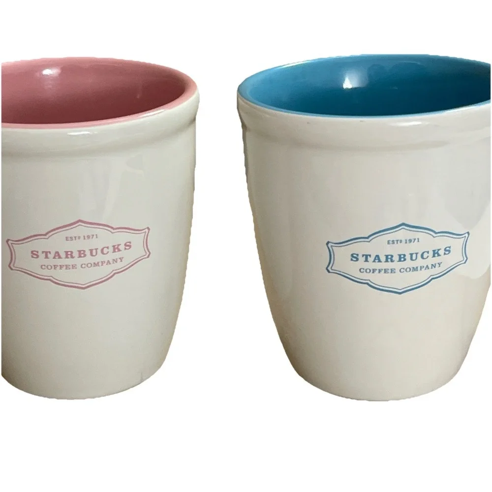 2 Starbucks Est. 1971 Abbey‎ Logo White Pink Blue Coffee Cup 13 oz. 2006 Wedding